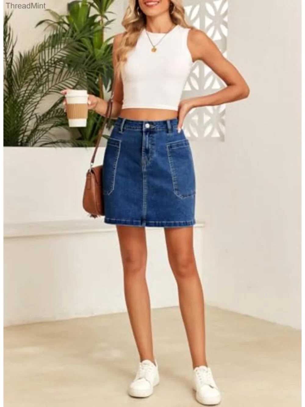 Women's High Rise Cargo Pocket Stretchy Denim Skirt, Above Knee Casual Mini